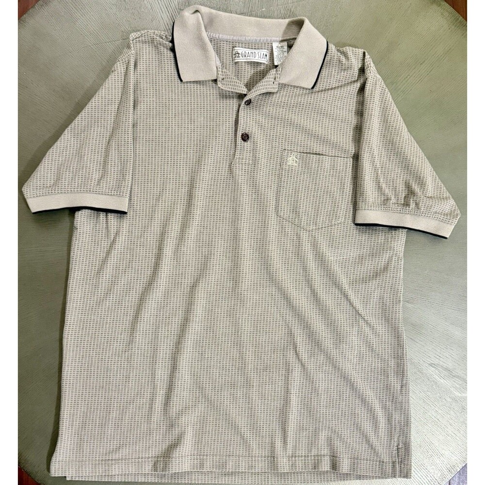 Vintage Grand Slam Munsingwear Polo Shirt Mens XL Beige Textured Penguin Pocket
